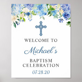 Baptism Välkomstskylt Blue Hydrangea Blommigt Poster