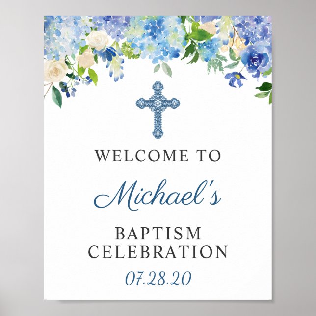 Baptism Välkomstskylt Blue Hydrangea Blommigt Poster (Framsidan)