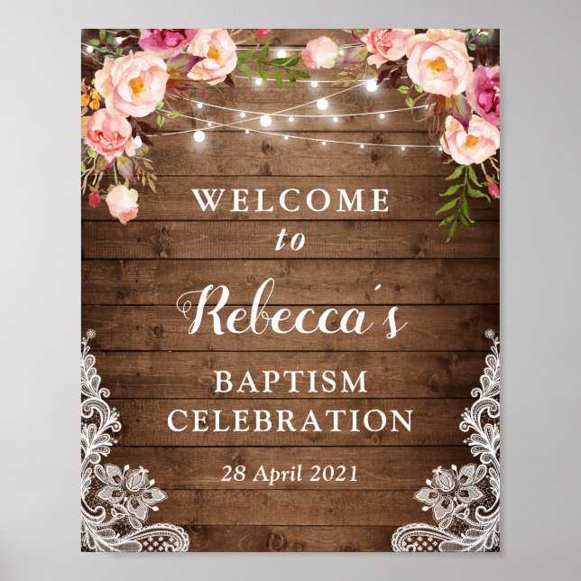 Baptism Välkomsttecken Rustic Blommigt String Ljus Poster (Framsidan)