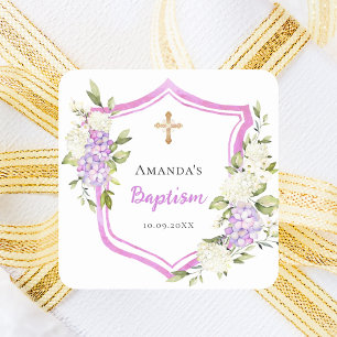 Baptism vapensköld rosa lila blommor flicka fyrkantigt klistermärke