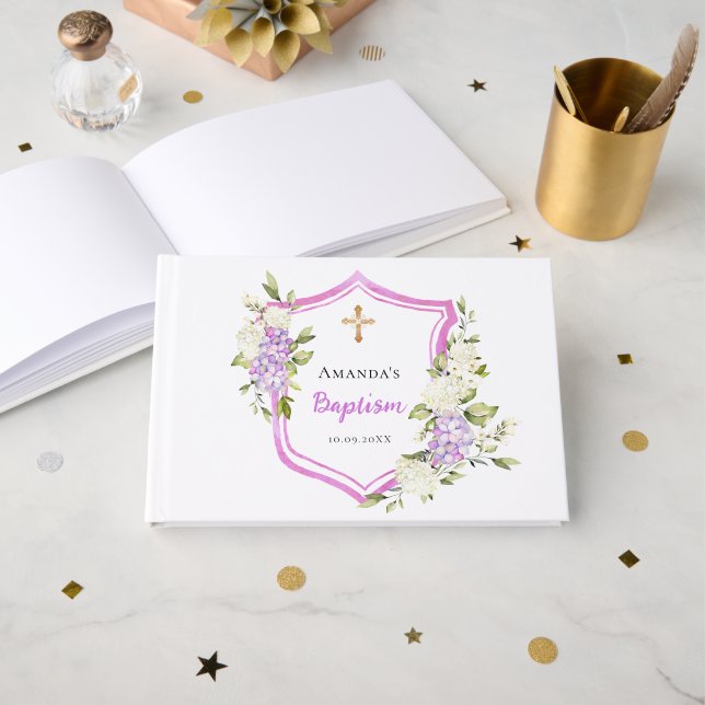 Baptism vapensköld rosa lila blommor flicka gästböcker (Framsida öppen)