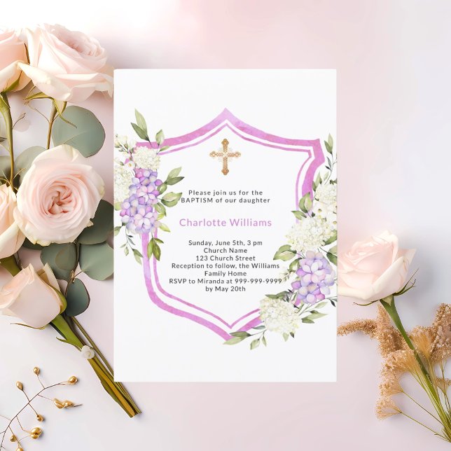 Baptism vapensköld rosa lila blommor flicka inbjudningar (Skapare uppladdad)