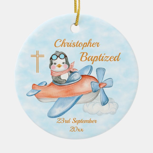 Baptism Vatercolor Baby Penguin-flygplan  Julgransprydnad Keramik (Framsidan)