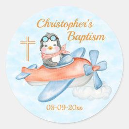Baptism Vatercolor Baby Penguin-flygplan Runt Klistermärke