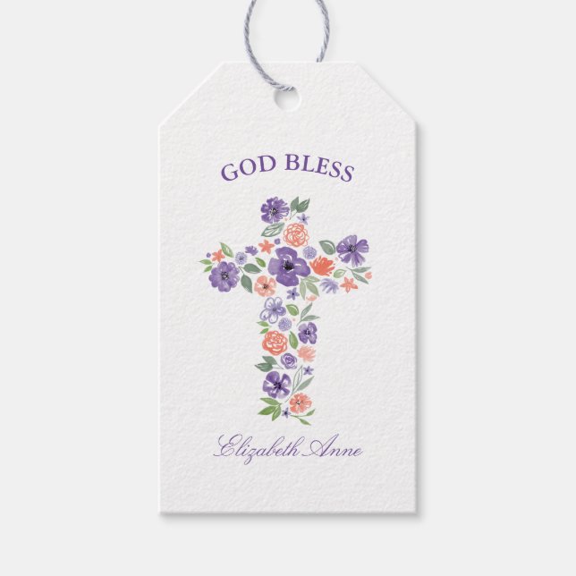 Baptism Vattenfärgad Lila och korallblomma Kor Presentetikett (Framsidan)