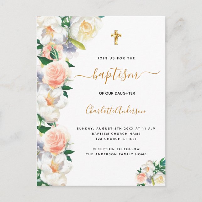 Baptism vattenfärgade blommigtar rosa vit elegant inbjudan vykort (Framsida)