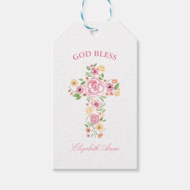 Baptism Vattenfärgens Rosa och Gult Oblomma Kor Presentetikett (Framsidan)