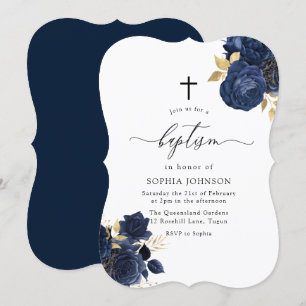 Baptism vid den blå Blommigten Guld Löv Inbjudningar