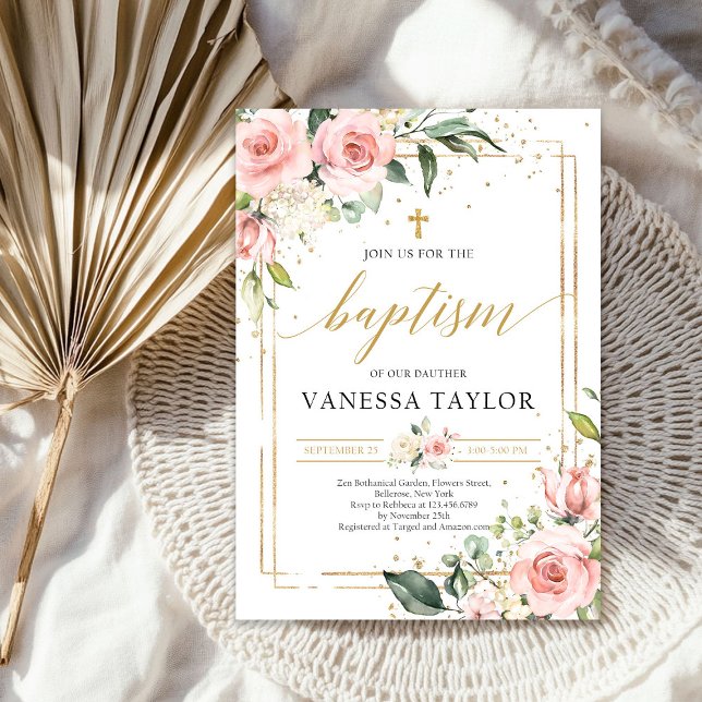 Baptism vid den  rosan vid guld glitter inbjudningar (Bohemian blush pink floral gold glitter baptism invitation)