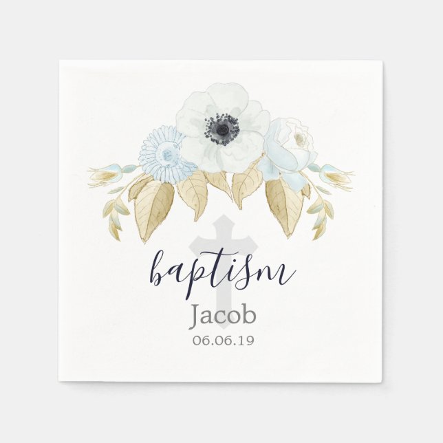 Baptism vid elegant Blue & White Blommigt Kor Baby Pappersservett (Framsidan)