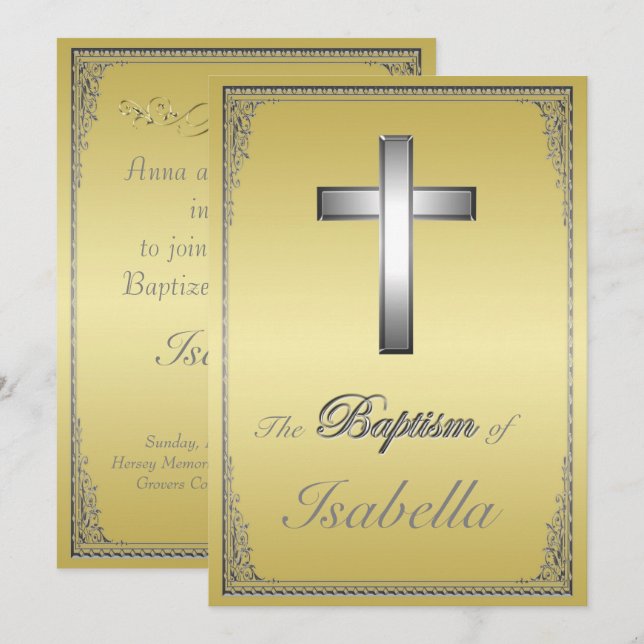 Baptism vid elegant guld och silver damm silver ko inbjudningar (Fram/baksida)
