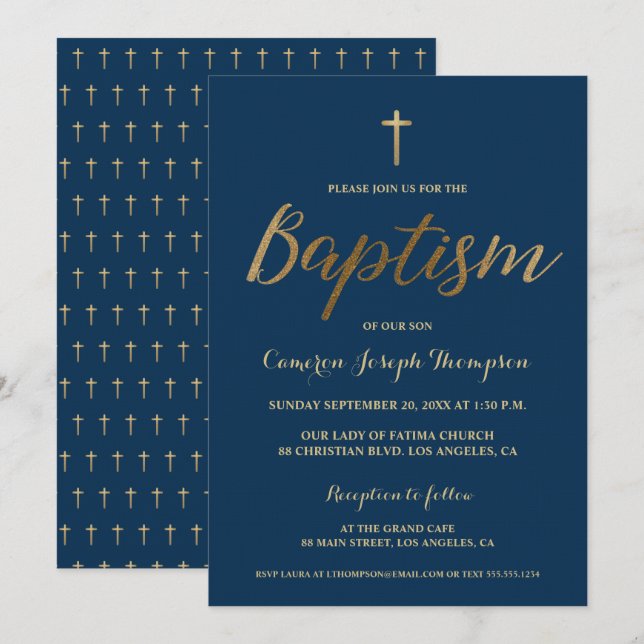 Baptism vid havets blå Guld-Kor-Anpassningsbar, Po Inbjudningar (Fram/baksida)