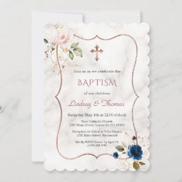 Baptism vid marinblått Rosa Blommigt Ro Guld Twill Inbjudningar