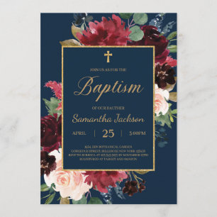baptism vid marinburgundi blommigt guld ram inbjudningar