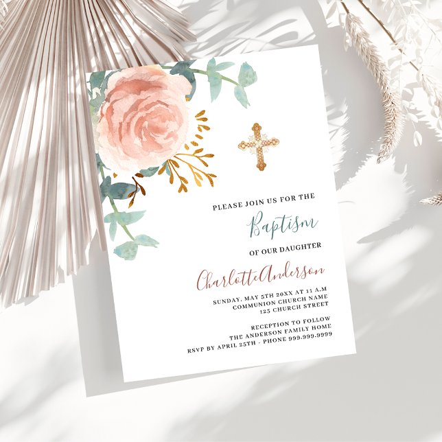Baptism vid rosa vid guld, kor inbjudan vykort (Skapare uppladdad)