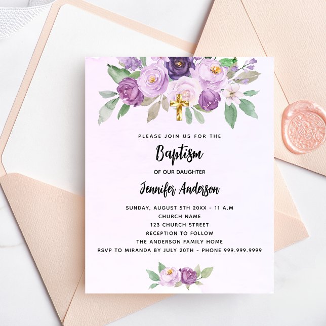 Baptism violetta blommor Greenery budget inbjudan Flygblad (Skapare uppladdad)