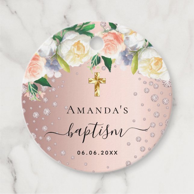 Baptism Vit rosa guld blommigt ro-flicka Gåvor Etiketter (Framsida)