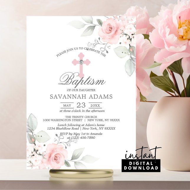 BAPTISM Watercolor Rosa ros Girl-inbjudan Inbjudningar (BAPTISM Watercolor Pink Rose Girl Invitation | Christening Flowers Cross)