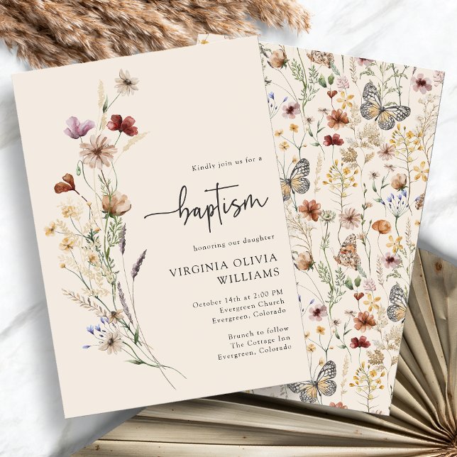 Baptism Wildblommor Inbjudningar (Baptism Watercolor Boho Wildflowers Invitation by Painted Paperie
)