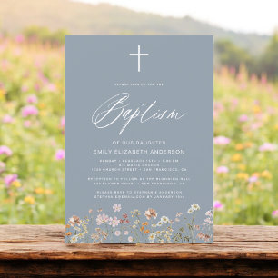Baptism Wildblommy Dusty Blue Script Inbjudningar