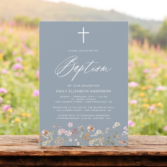 Baptism Wildblommy Dusty Blue Script Inbjudningar (Skapare uppladdad)