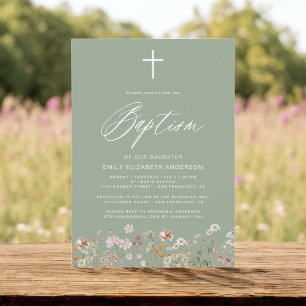 Baptism Wildblomsage Sage Grönt Script Inbjudningar