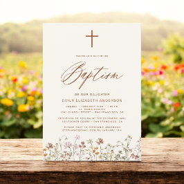 Baptism Wildblomskript Neutralt Beige Inbjudningar