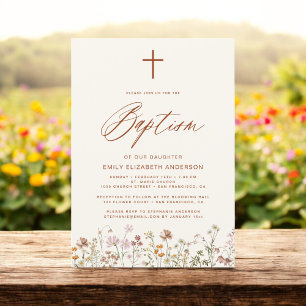 Baptism Wildblomskript Neutralt Beige Inbjudningar