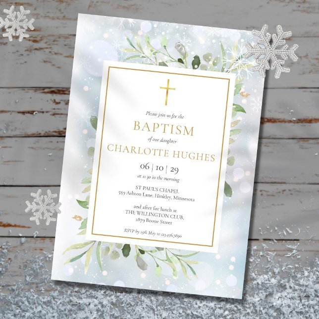Baptism Winter Snöflingor Watercolor Greenery Inbjudningar (Skapare uppladdad)