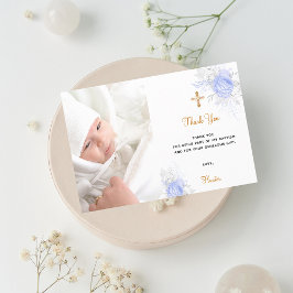 Baptismblått blommigt fotot guld-pojktack för kort