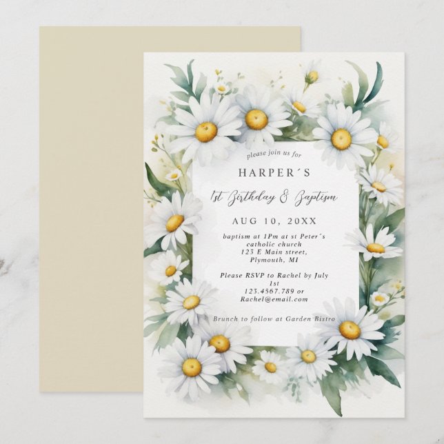 Baptismblommor från första födelsedag daisy inbjudningar (Fram/baksida)