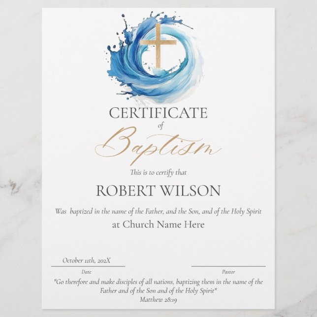 Baptismens certifikat, Vatten Christening (Framsida)