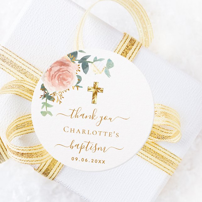 Baptismens eukalyptus  rosa blommigt tack gåvor etiketter (Skapare uppladdad)