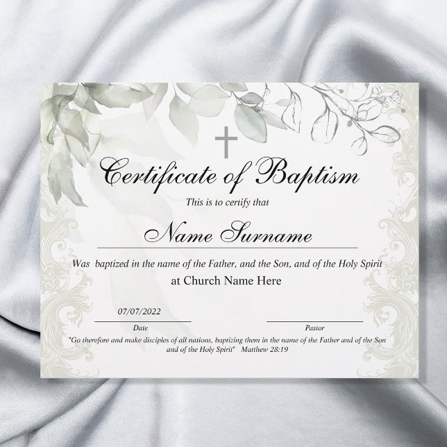 Baptismens intyg, Baby-dedikation (baptism certificate sage green with watercolor floral)