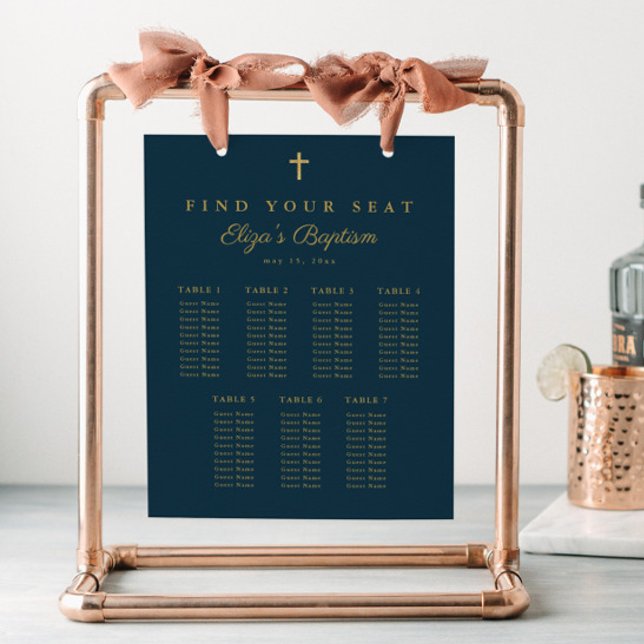 Baptismens sittplatsplan för elegant Kor Poster (Simple gold cross baptism seating chart sign.)