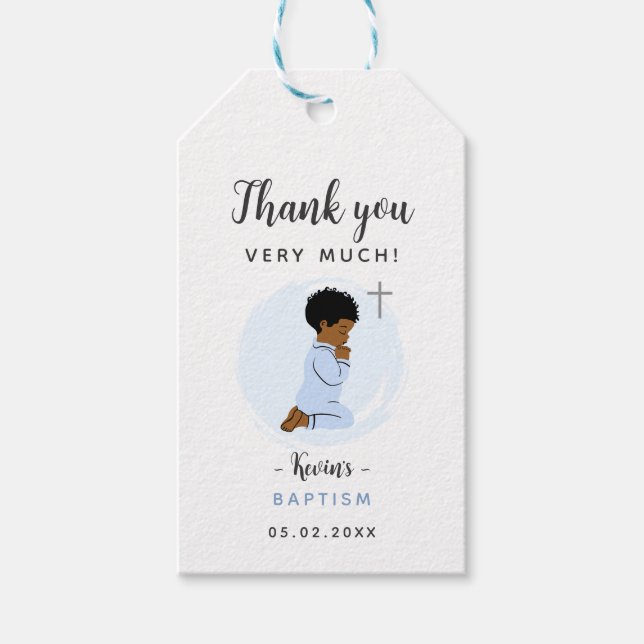 Baptismens Tack Gift-Märkre i Baby med Kor Presentetikett (Framsidan)