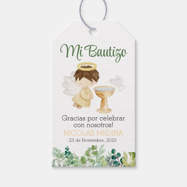 Baptismens Tack Märkre. Gift-Märkre på spanska Boy Presentetikett (Framsidan)