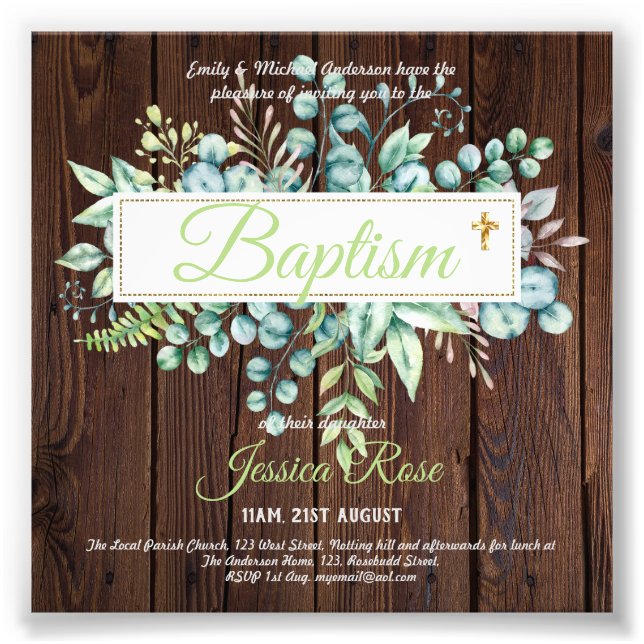 Baptisminbjudan Eucalyptus Greenery BUDGET Fototryck (Framsidan)