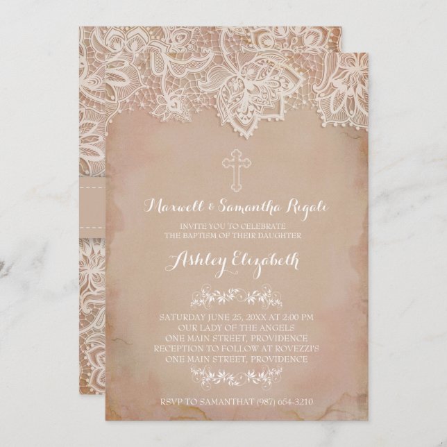 Baptisminbjudan, flicka, Vintagens Rosa Inbjudningar (Fram/baksida)