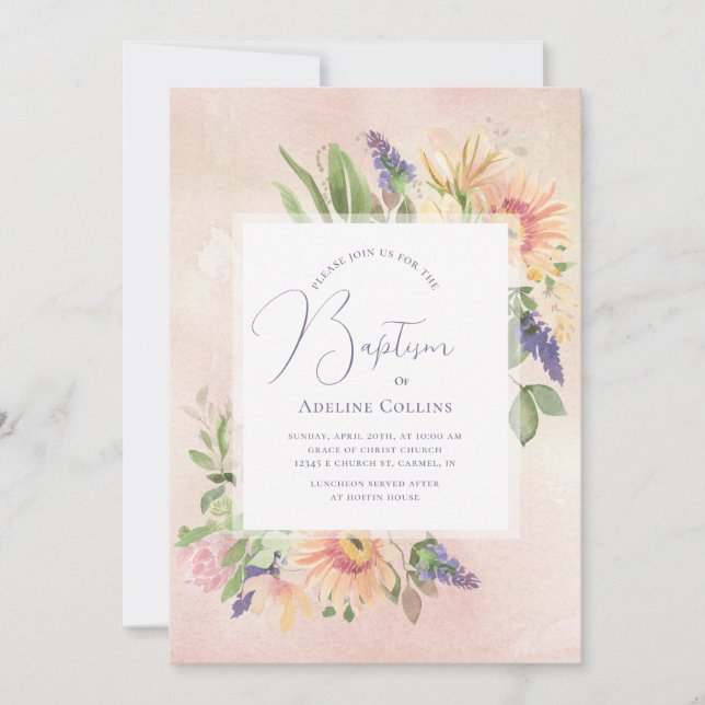 Baptisminbjudan för mjuka persikor och Rosa-ramar Inbjudningar (Framsida)