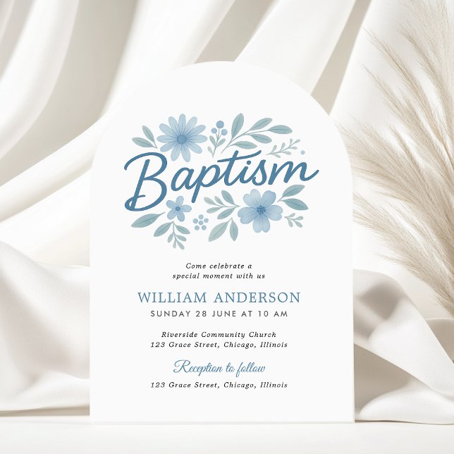 Baptisminbjudan för pojke till Arched Blue Blommig Inbjudningar (Elegant arched baptism invitation with soft blue florals on flowing white fabric background)