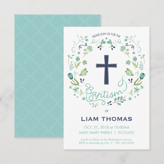 Baptisminbjudan - pojke - anpassa - med Kor Inbjudningar (Fram/baksida)