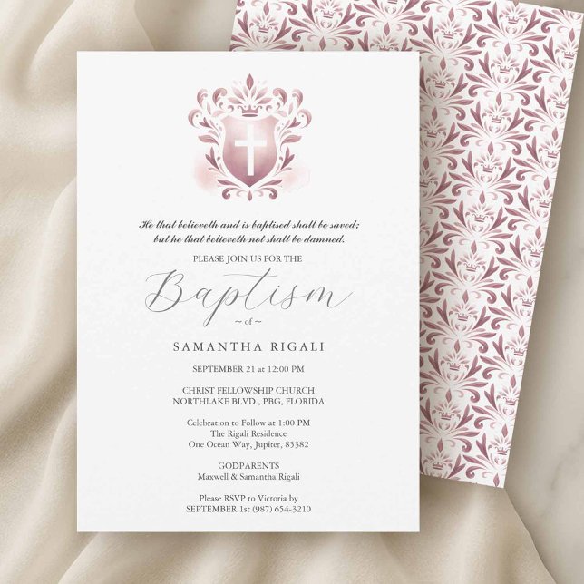 Baptisminbjudan Religiösa Godföräldrar Namn Inbjudningar (Girl baptism invitations with dusty pink designs on a crisp white background.)