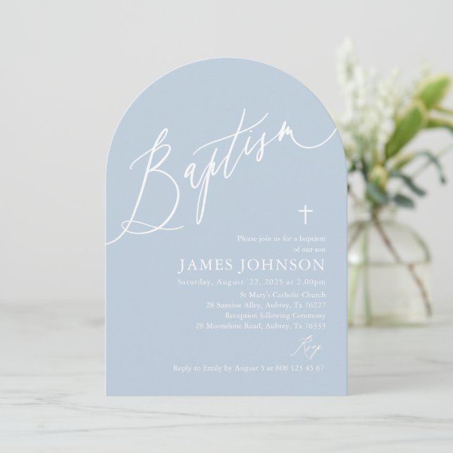 Baptisminbjudan till Arch Dusty Blue White Kor Boy Inbjudningar (Stående Fram)