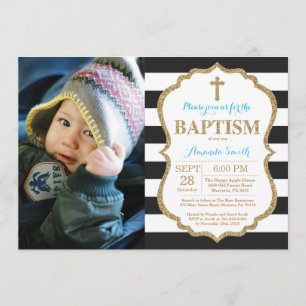 Baptisminbjudan till Black Blue och Guld Glitter Inbjudningar