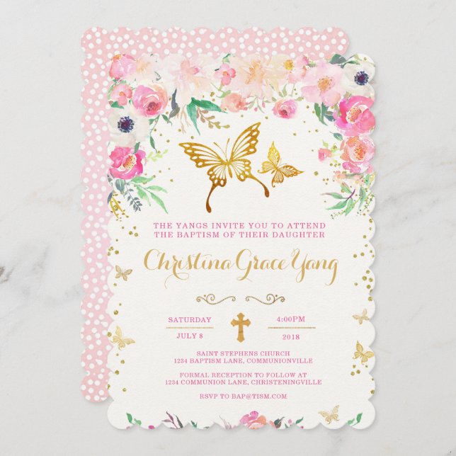 Baptisminbjudan till Blommigt av fjäril Inbjudningar (Fram/baksida)