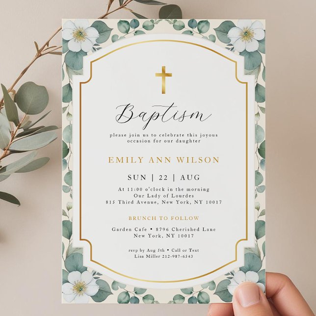 Baptisminbjudan till blommigt Eucalyptus Guld Kor Inbjudningar (Baptism Invitation)