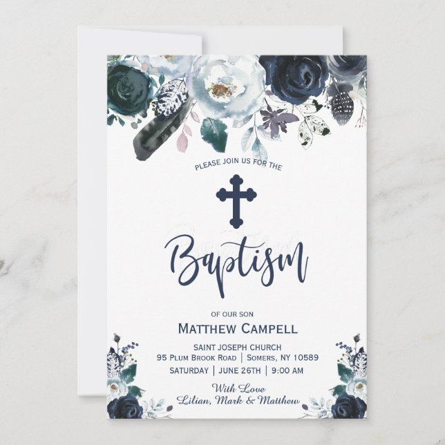Baptisminbjudan till Blommigten Baptism i den blå  Julkort (Framsida)