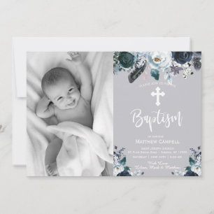 Baptisminbjudan till Blommigten Baptism i den blå Julkort