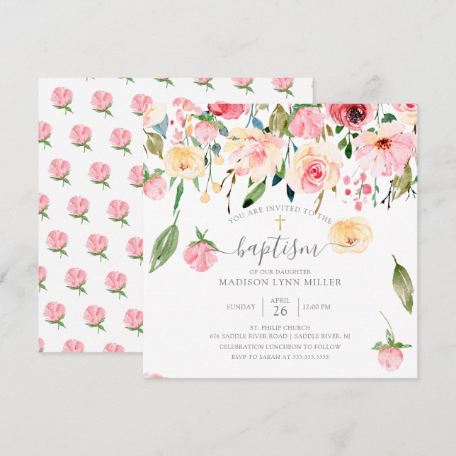 Baptisminbjudan till Blommigten Peonies Ro Inbjudningar (Fram/baksida)